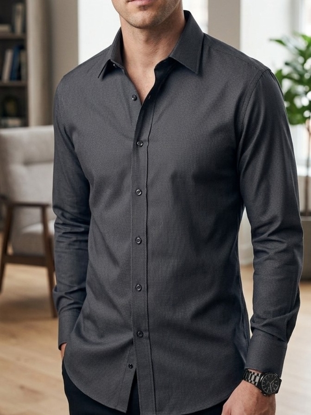 Stafford Men's Dark Charcoal Textured Dress Shirt.   MS 16